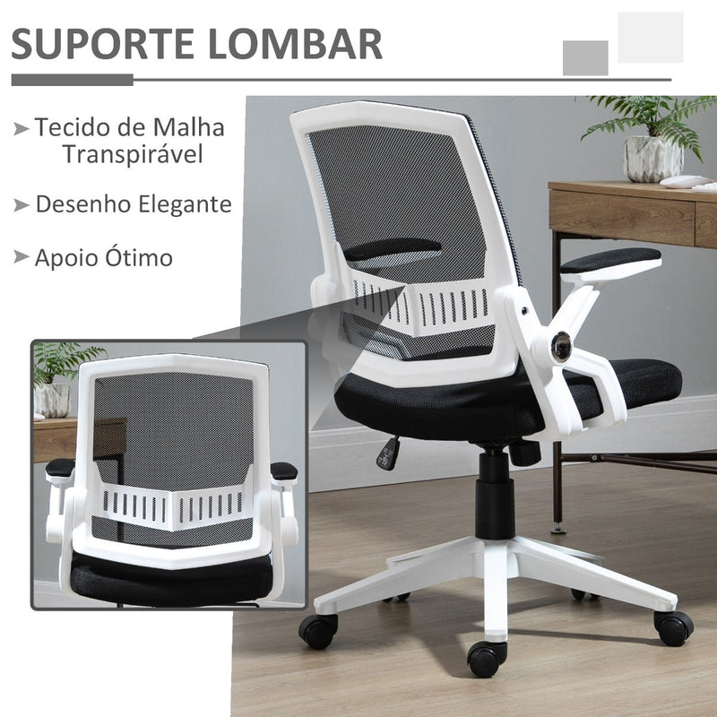 Cadeira de Escritório Ergonômica Basculante com Altura Ajustável Apoio para o Braço Dobrável Suporte Lombar e Malha Transpirável 61x61x94-104cm Preto