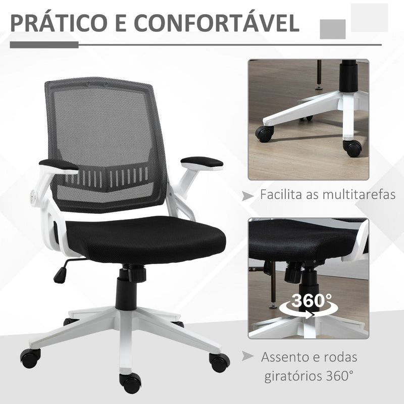 Cadeira de Escritório Ergonômica Basculante com Altura Ajustável Apoio para o Braço Dobrável Suporte Lombar e Malha Transpirável 61x61x94-104cm Preto