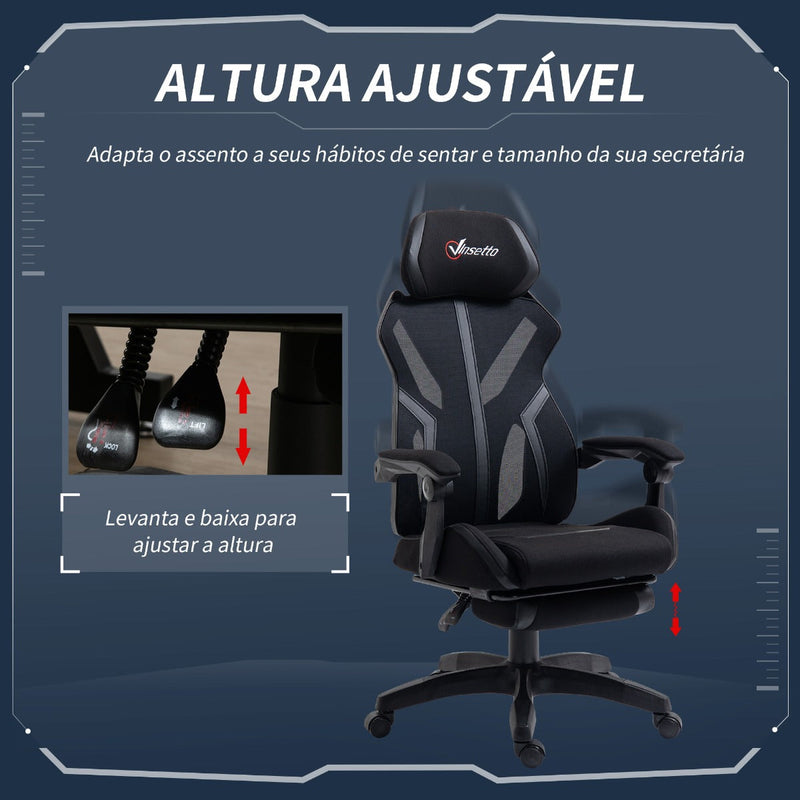 Cadeira de Gaming com Apoio para os Pés Retrátil Cadeira de Escritório Reclinável com Apoio para a Cabeça e Altura Ajustável 65x65x119-129cm Preto