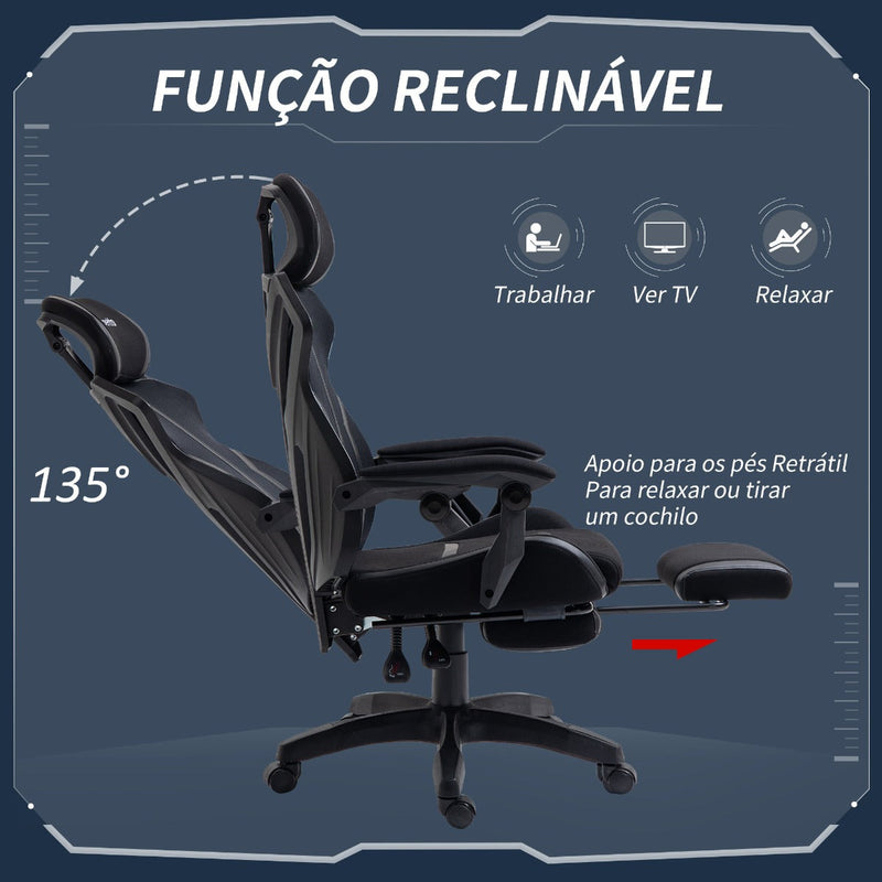 Cadeira de Gaming com Apoio para os Pés Retrátil Cadeira de Escritório Reclinável com Apoio para a Cabeça e Altura Ajustável 65x65x119-129cm Preto