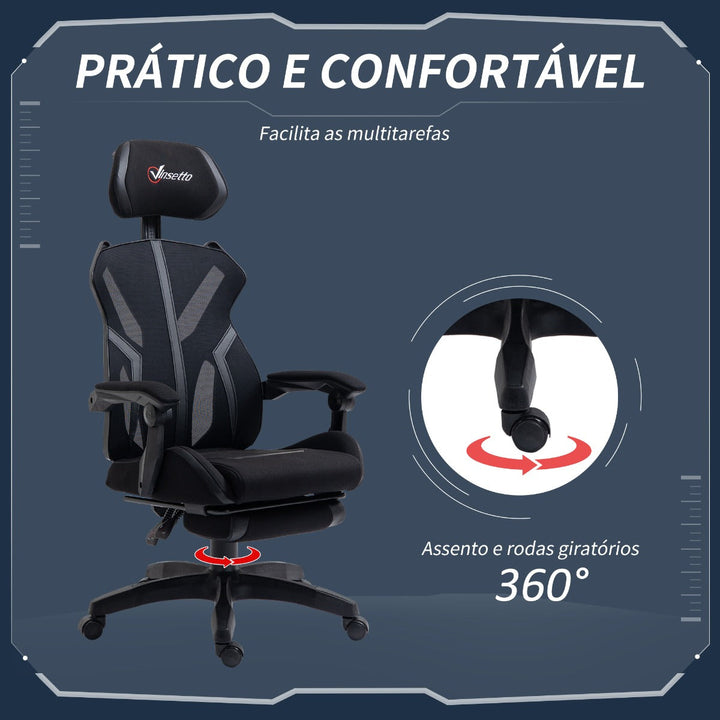 Cadeira de Gaming com Apoio para os Pés Retrátil Cadeira de Escritório Reclinável com Apoio para a Cabeça e Altura Ajustável 65x65x119-129cm Preto