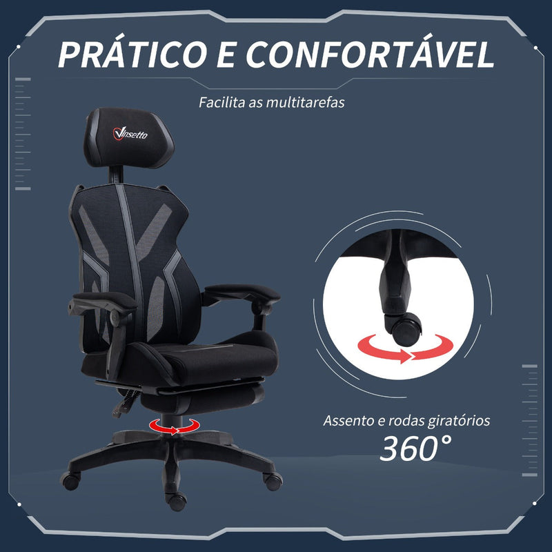 Cadeira de Gaming com Apoio para os Pés Retrátil Cadeira de Escritório Reclinável com Apoio para a Cabeça e Altura Ajustável 65x65x119-129cm Preto