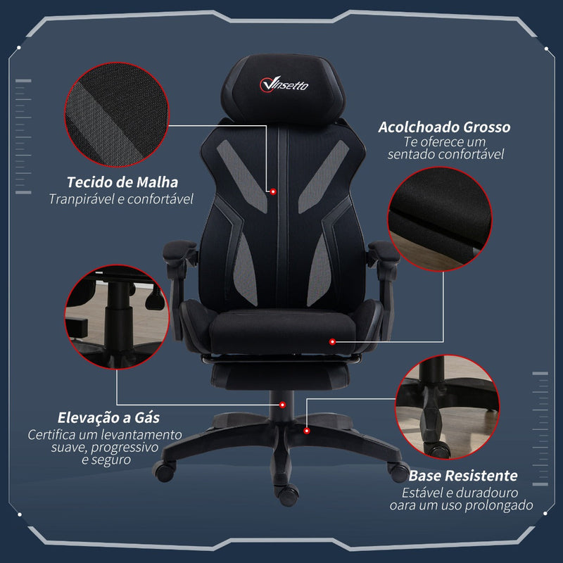 Cadeira de Gaming com Apoio para os Pés Retrátil Cadeira de Escritório Reclinável com Apoio para a Cabeça e Altura Ajustável 65x65x119-129cm Preto