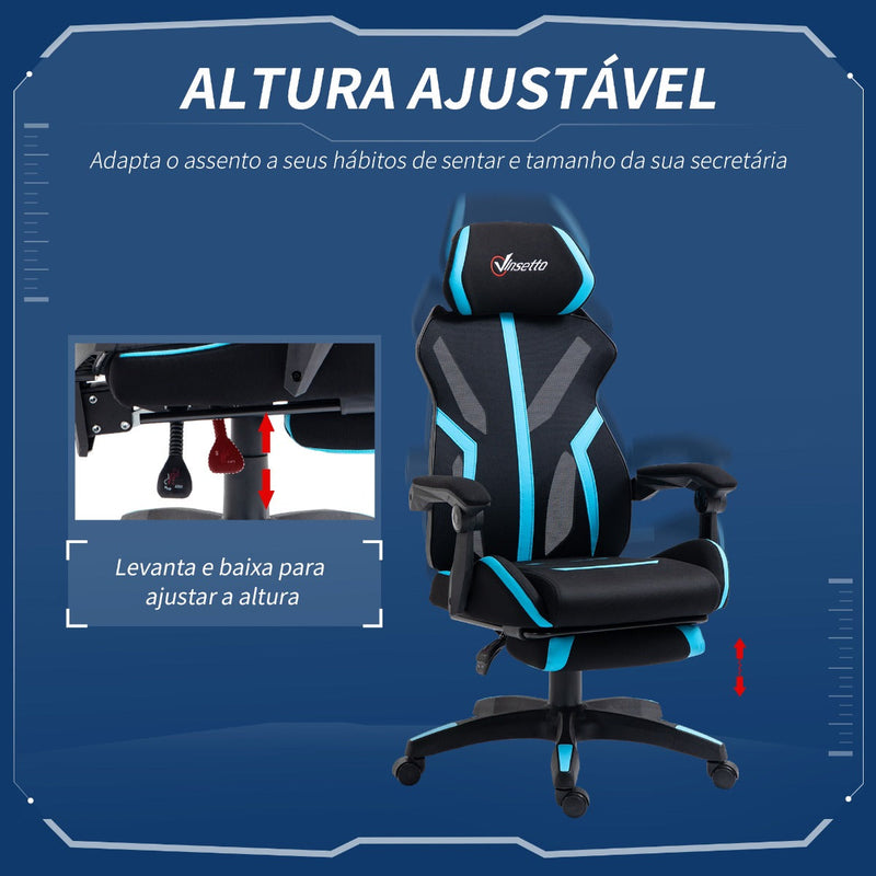 Cadeira de Gaming com Apoio para os Pés Retrátil Cadeira de Escritório Reclinável com Apoio para a Cabeça e Altura Ajustável 65x65x119-129cm Preto e Azul