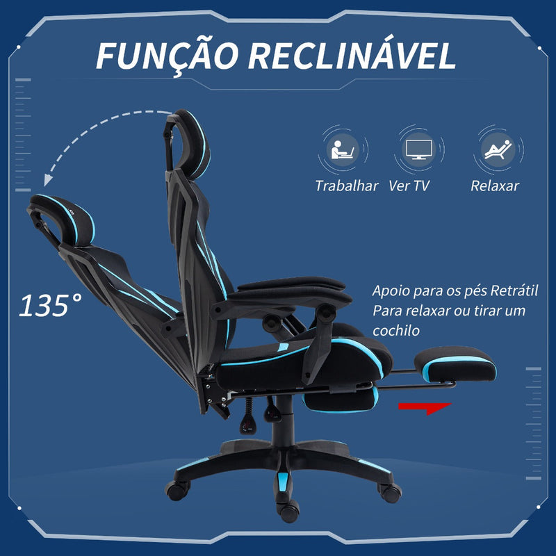 Cadeira de Gaming com Apoio para os Pés Retrátil Cadeira de Escritório Reclinável com Apoio para a Cabeça e Altura Ajustável 65x65x119-129cm Preto e Azul