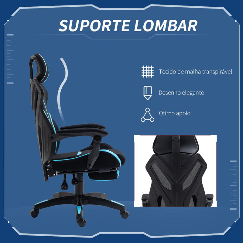 Cadeira de Gaming com Apoio para os Pés Retrátil Cadeira de Escritório Reclinável com Apoio para a Cabeça e Altura Ajustável 65x65x119-129cm Preto e Azul