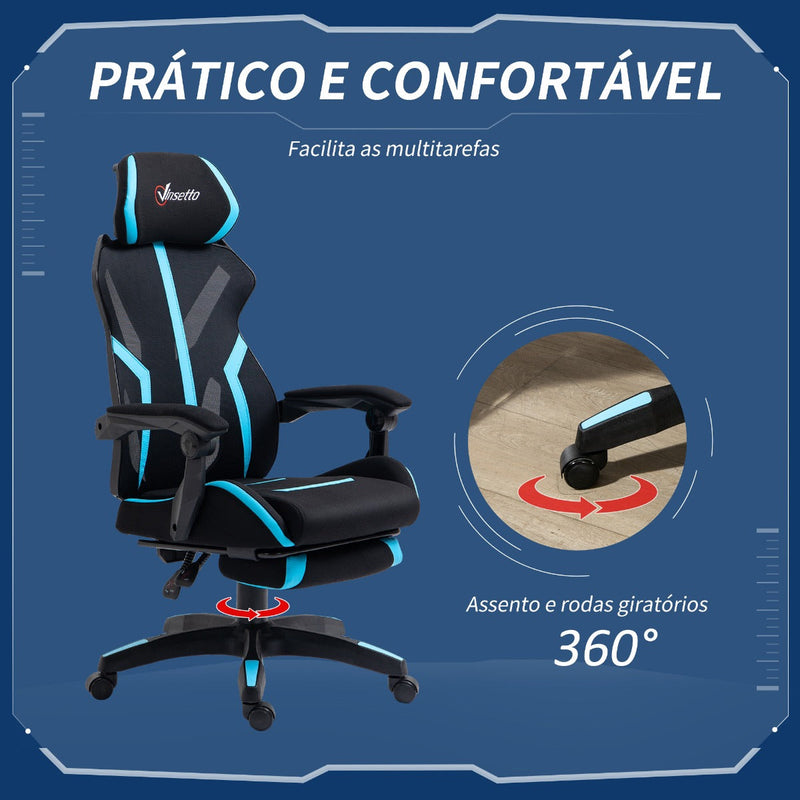 Cadeira de Gaming com Apoio para os Pés Retrátil Cadeira de Escritório Reclinável com Apoio para a Cabeça e Altura Ajustável 65x65x119-129cm Preto e Azul