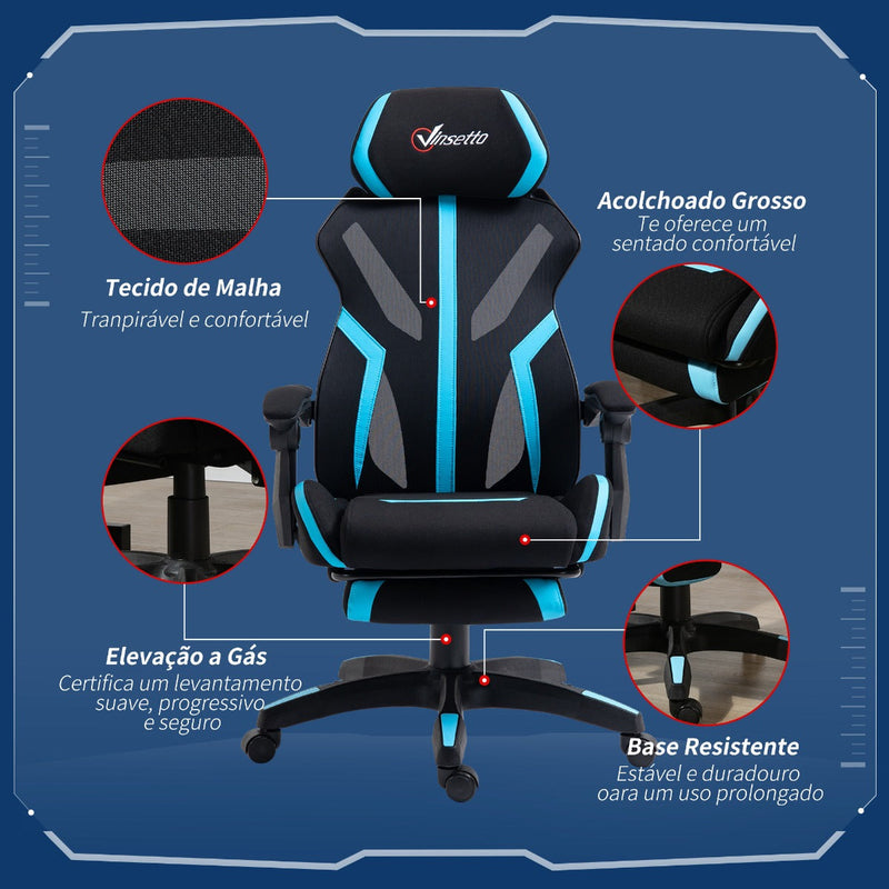 Cadeira de Gaming com Apoio para os Pés Retrátil Cadeira de Escritório Reclinável com Apoio para a Cabeça e Altura Ajustável 65x65x119-129cm Preto e Azul