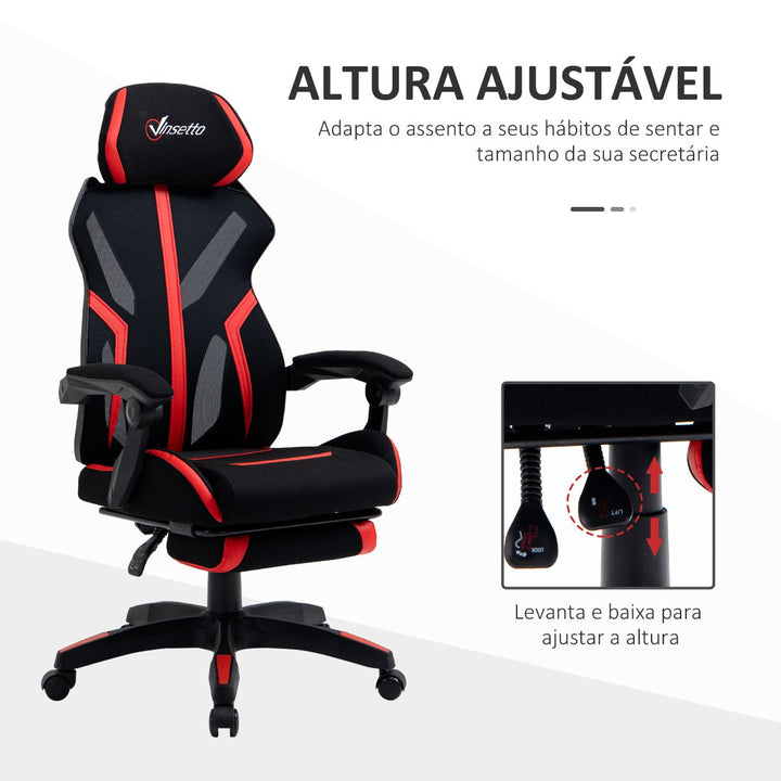 Cadeira de Gaming com Apoio para os Pés Retrátil Cadeira de Escritório Reclinável com Apoio para a Cabeça e Altura Ajustável 65x65x119-129cm Preto e Vermelho