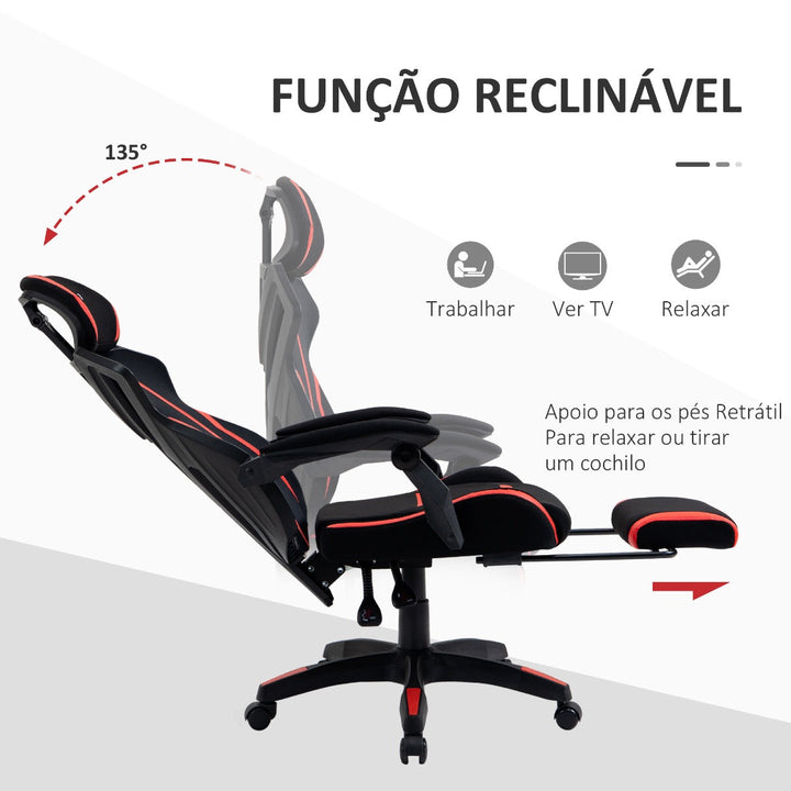Cadeira de Gaming com Apoio para os Pés Retrátil Cadeira de Escritório Reclinável com Apoio para a Cabeça e Altura Ajustável 65x65x119-129cm Preto e Vermelho