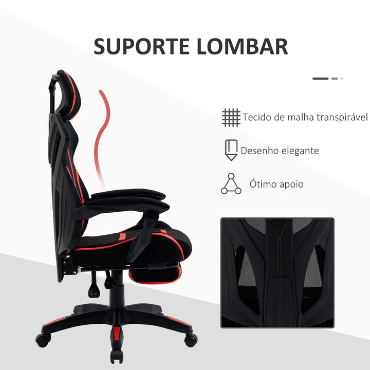 Cadeira de Gaming com Apoio para os Pés Retrátil Cadeira de Escritório Reclinável com Apoio para a Cabeça e Altura Ajustável 65x65x119-129cm Preto e Vermelho