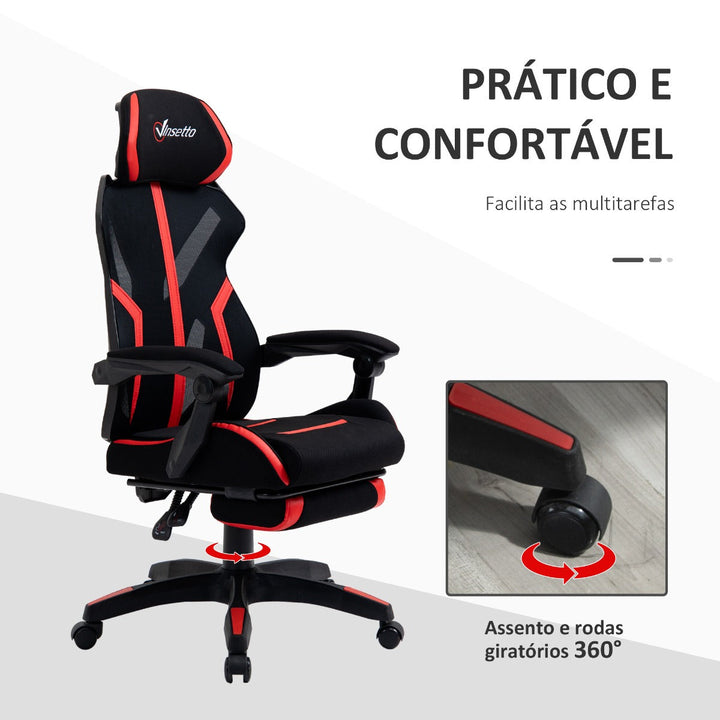 Cadeira de Gaming com Apoio para os Pés Retrátil Cadeira de Escritório Reclinável com Apoio para a Cabeça e Altura Ajustável 65x65x119-129cm Preto e Vermelho