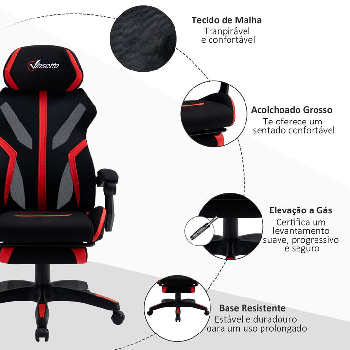 Cadeira de Gaming com Apoio para os Pés Retrátil Cadeira de Escritório Reclinável com Apoio para a Cabeça e Altura Ajustável 65x65x119-129cm Preto e Vermelho