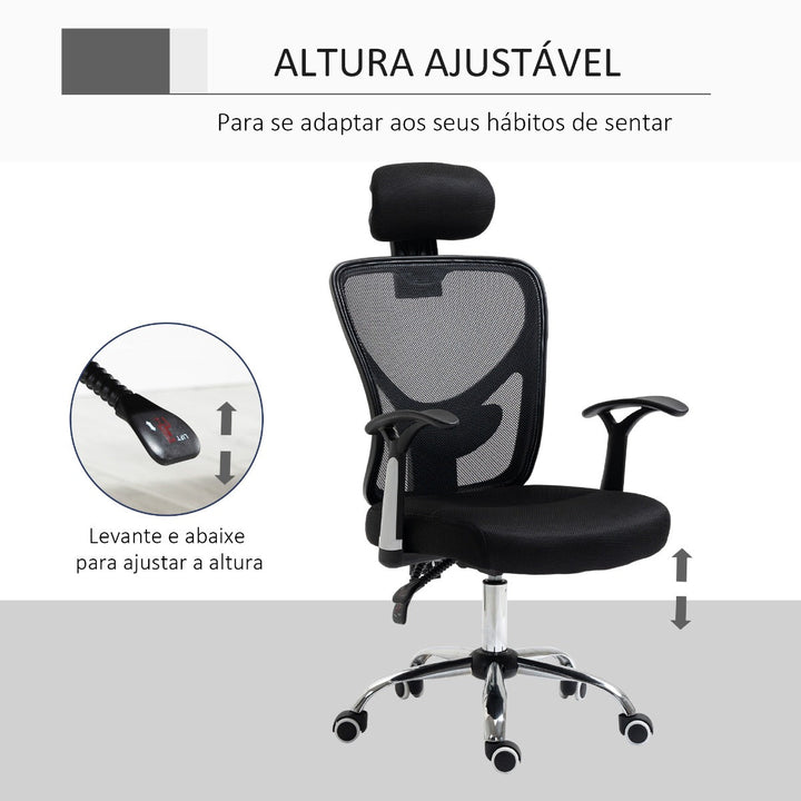 Cadeira de Escritório Ergonômica Cadeira de Escritório Giratória com Altura Ajustável Função Reclinável Apoio para a Cabeça e Suporte Lombar 65x67x108-118cm Preto