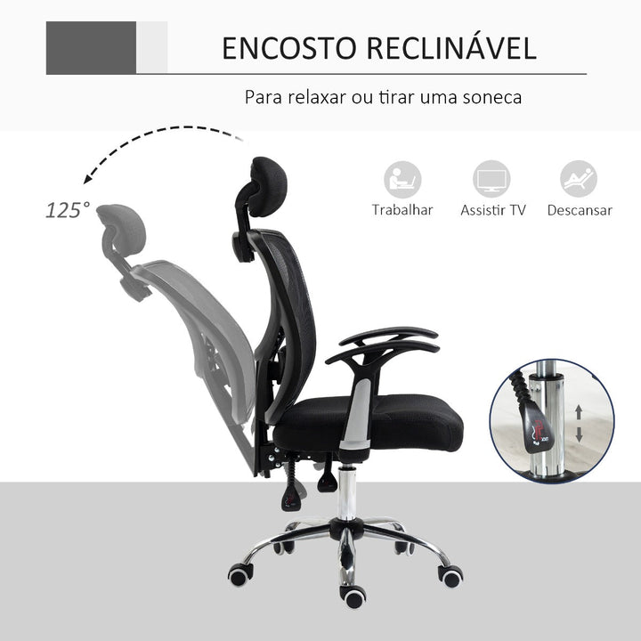 Cadeira de Escritório Ergonômica Cadeira de Escritório Giratória com Altura Ajustável Função Reclinável Apoio para a Cabeça e Suporte Lombar 65x67x108-118cm Preto