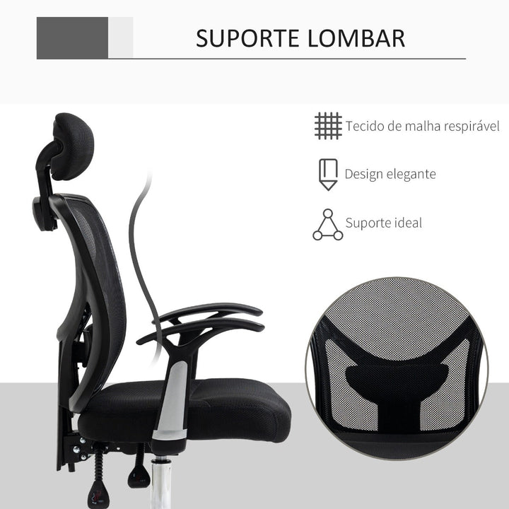 Cadeira de Escritório Ergonômica Cadeira de Escritório Giratória com Altura Ajustável Função Reclinável Apoio para a Cabeça e Suporte Lombar 65x67x108-118cm Preto