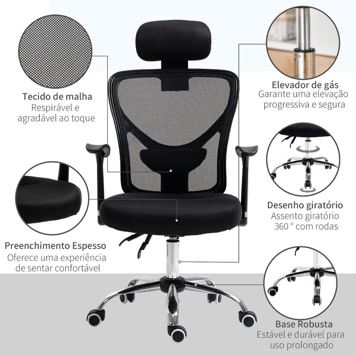 Cadeira de Escritório Ergonômica Cadeira de Escritório Giratória com Altura Ajustável Função Reclinável Apoio para a Cabeça e Suporte Lombar 65x67x108-118cm Preto