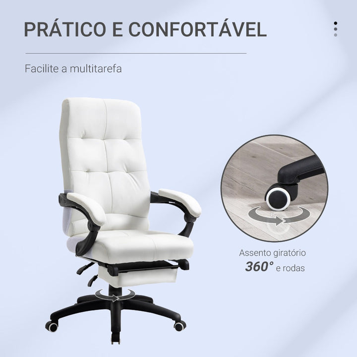 Cadeira de escritório ergonômica giratória com função de inclinação altura ajustável Apoio de braço e apoio para os pés em couro sintético 65x65x114-124 cm Branco