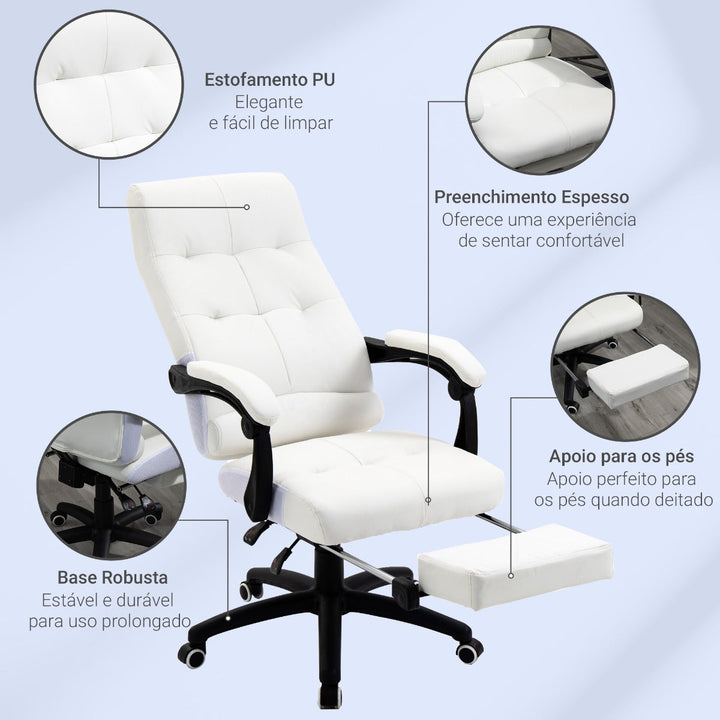 Cadeira de escritório ergonômica giratória com função de inclinação altura ajustável Apoio de braço e apoio para os pés em couro sintético 65x65x114-124 cm Branco
