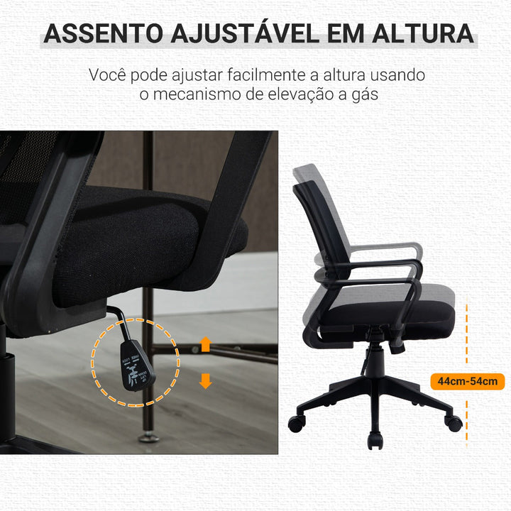 Cadeira de escritório ergonômica giratória ajustável em altura com apoio de braços e apoio lombar Tecido respirável 61x58.5x89-99 cm Preto