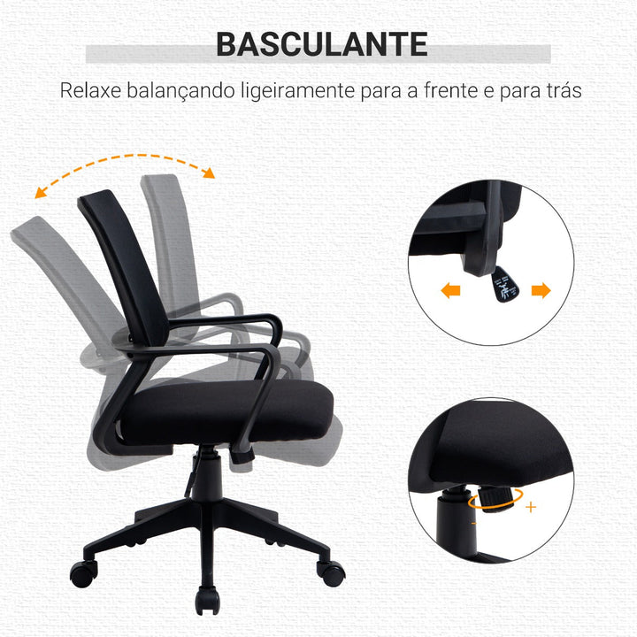 Cadeira de escritório ergonômica giratória ajustável em altura com apoio de braços e apoio lombar Tecido respirável 61x58.5x89-99 cm Preto