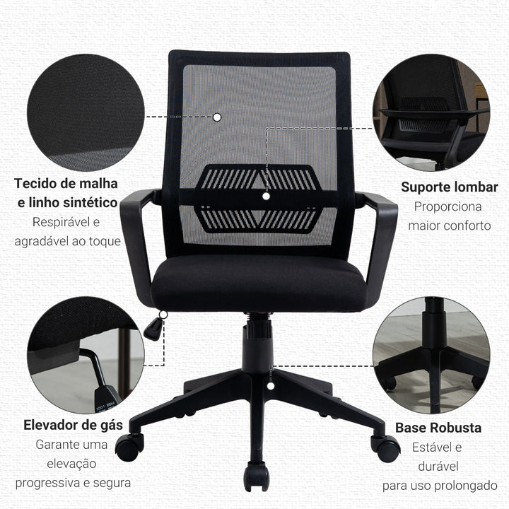 Cadeira de escritório ergonômica giratória ajustável em altura com apoio de braços e apoio lombar Tecido respirável 61x58.5x89-99 cm Preto
