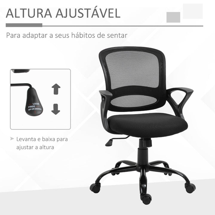 Cadeira de Oficina Ergonômica Basculante com Altura Ajustável Assento Giratório 360° Suporte e Lombar Malha Transpirável 61x61x89-99cm Preto