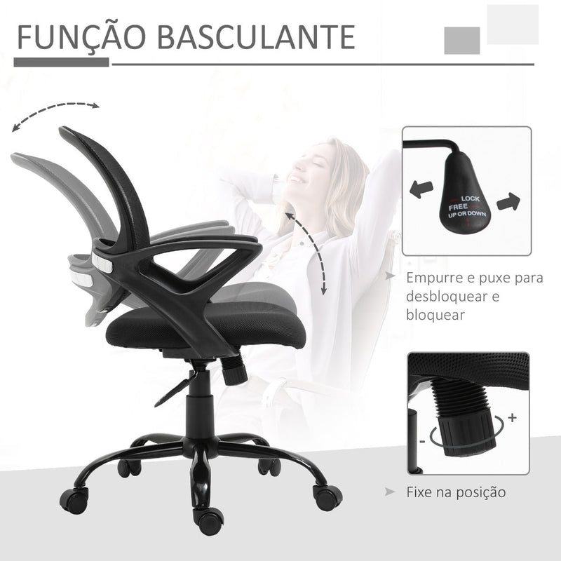 Cadeira de Oficina Ergonômica Basculante com Altura Ajustável Assento Giratório 360° Suporte e Lombar Malha Transpirável 61x61x89-99cm Preto