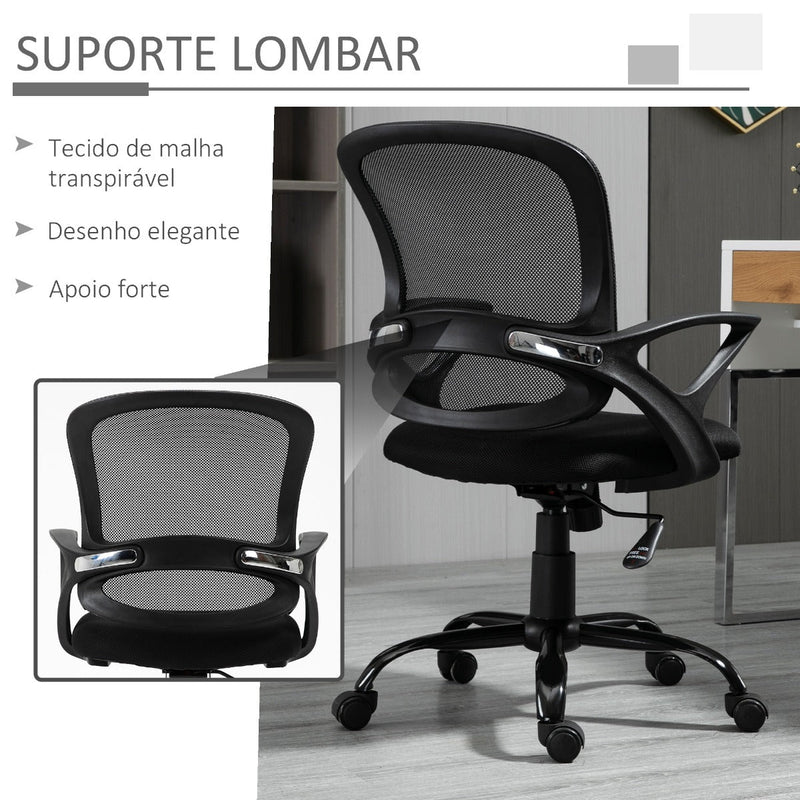 Cadeira de Oficina Ergonômica Basculante com Altura Ajustável Assento Giratório 360° Suporte e Lombar Malha Transpirável 61x61x89-99cm Preto