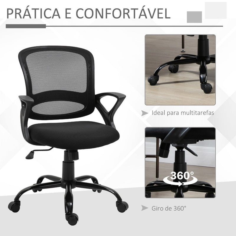 Cadeira de Oficina Ergonômica Basculante com Altura Ajustável Assento Giratório 360° Suporte e Lombar Malha Transpirável 61x61x89-99cm Preto