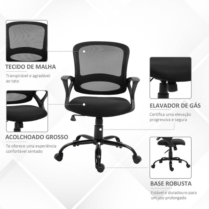 Cadeira de Oficina Ergonômica Basculante com Altura Ajustável Assento Giratório 360° Suporte e Lombar Malha Transpirável 61x61x89-99cm Preto