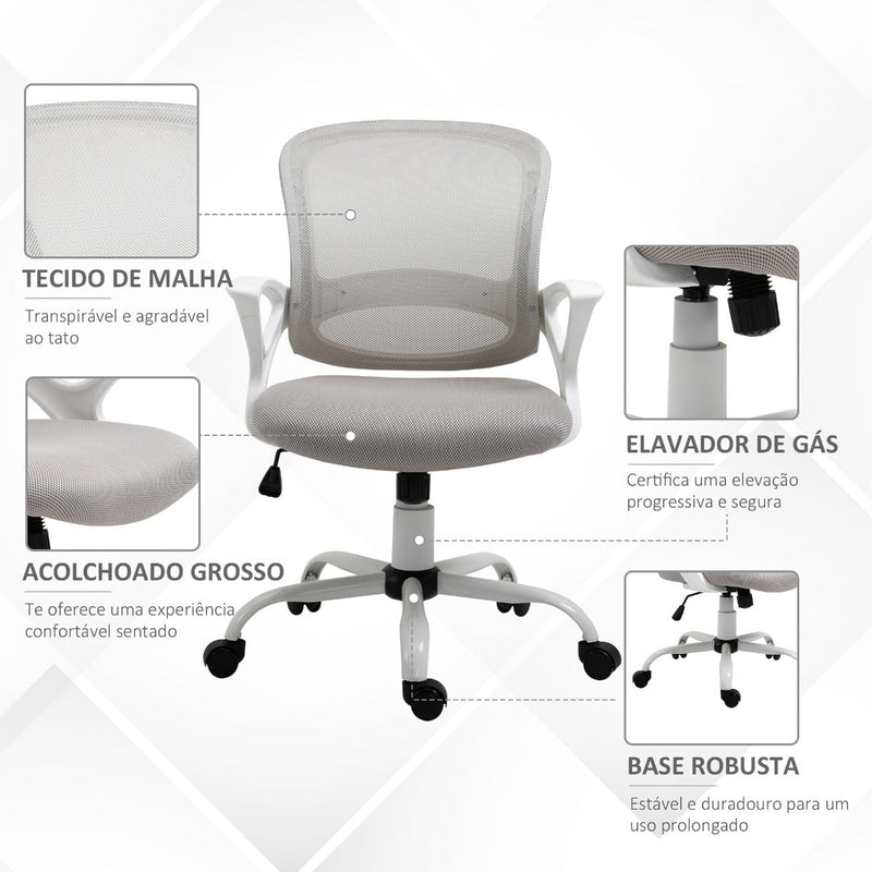 Cadeira de Oficina Ergonômica Basculante com Altura Ajustável Assento Giratório 360° Suporte Lombar e Malha Transpirável 61x61x89-99cm Cinza e Branco