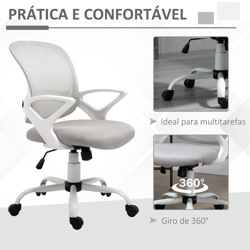 Cadeira de Oficina Ergonômica Basculante com Altura Ajustável Assento Giratório 360° Suporte Lombar e Malha Transpirável 61x61x89-99cm Cinza e Branco