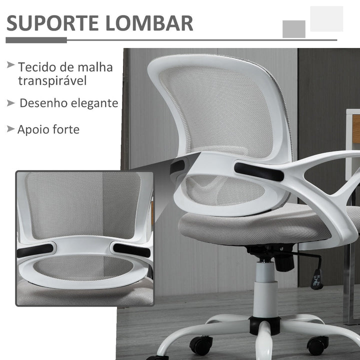 Cadeira de Oficina Ergonômica Basculante com Altura Ajustável Assento Giratório 360° Suporte Lombar e Malha Transpirável 61x61x89-99cm Cinza e Branco