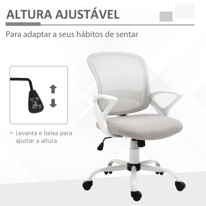 Cadeira de Oficina Ergonômica Basculante com Altura Ajustável Assento Giratório 360° Suporte Lombar e Malha Transpirável 61x61x89-99cm Cinza e Branco