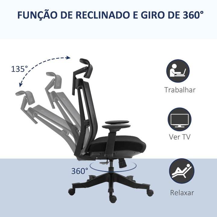 Cadeira de Escritório Ergonômica Giratória e Reclinável com Altura Ajustável Apoio para os Braços Apoio para a Cabeça e Suporte Lombar Regulável 66,5x66x109-118cm Preto