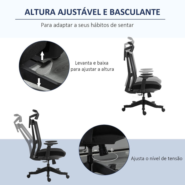 Cadeira de Escritório Ergonômica Giratória e Reclinável com Altura Ajustável Apoio para os Braços Apoio para a Cabeça e Suporte Lombar Regulável 66,5x66x109-118cm Preto