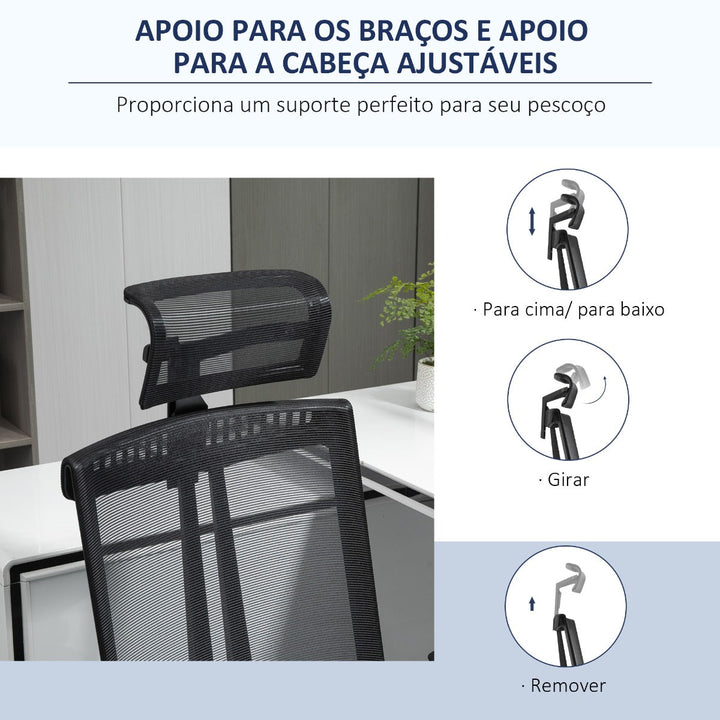 Cadeira de Escritório Ergonômica Giratória e Reclinável com Altura Ajustável Apoio para os Braços Apoio para a Cabeça e Suporte Lombar Regulável 66,5x66x109-118cm Preto