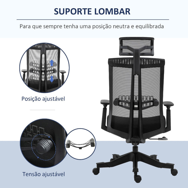 Cadeira de Escritório Ergonômica Giratória e Reclinável com Altura Ajustável Apoio para os Braços Apoio para a Cabeça e Suporte Lombar Regulável 66,5x66x109-118cm Preto