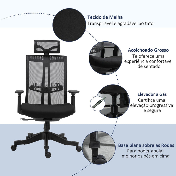 Cadeira de Escritório Ergonômica Giratória e Reclinável com Altura Ajustável Apoio para os Braços Apoio para a Cabeça e Suporte Lombar Regulável 66,5x66x109-118cm Preto