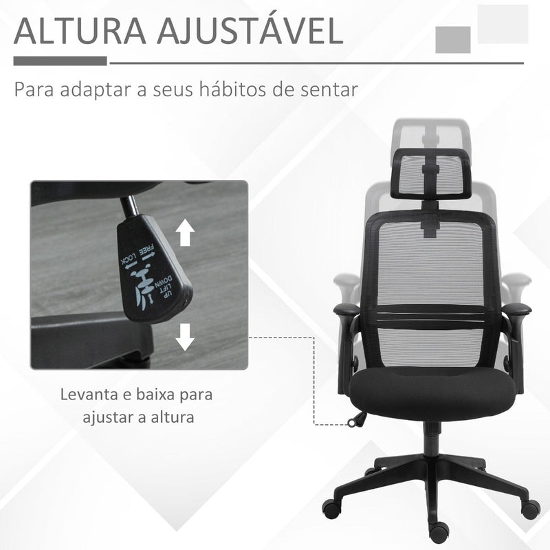 Cadeira de Escritório Ergonômica Giratória com Altura Ajustável Apoio para a Cabeça Suporte Lombar Reguláveis e Encosto Transpirável 63,5x64,5x113-122cm Preto