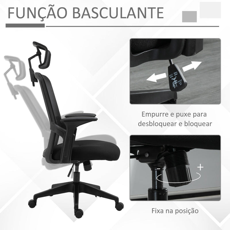 Cadeira de Escritório Ergonômica Giratória com Altura Ajustável Apoio para a Cabeça Suporte Lombar Reguláveis e Encosto Transpirável 63,5x64,5x113-122cm Preto