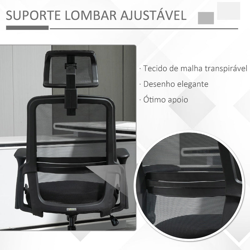 Cadeira de Escritório Ergonômica Giratória com Altura Ajustável Apoio para a Cabeça Suporte Lombar Reguláveis e Encosto Transpirável 63,5x64,5x113-122cm Preto