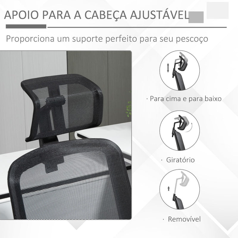 Cadeira de Escritório Ergonômica Giratória com Altura Ajustável Apoio para a Cabeça Suporte Lombar Reguláveis e Encosto Transpirável 63,5x64,5x113-122cm Preto