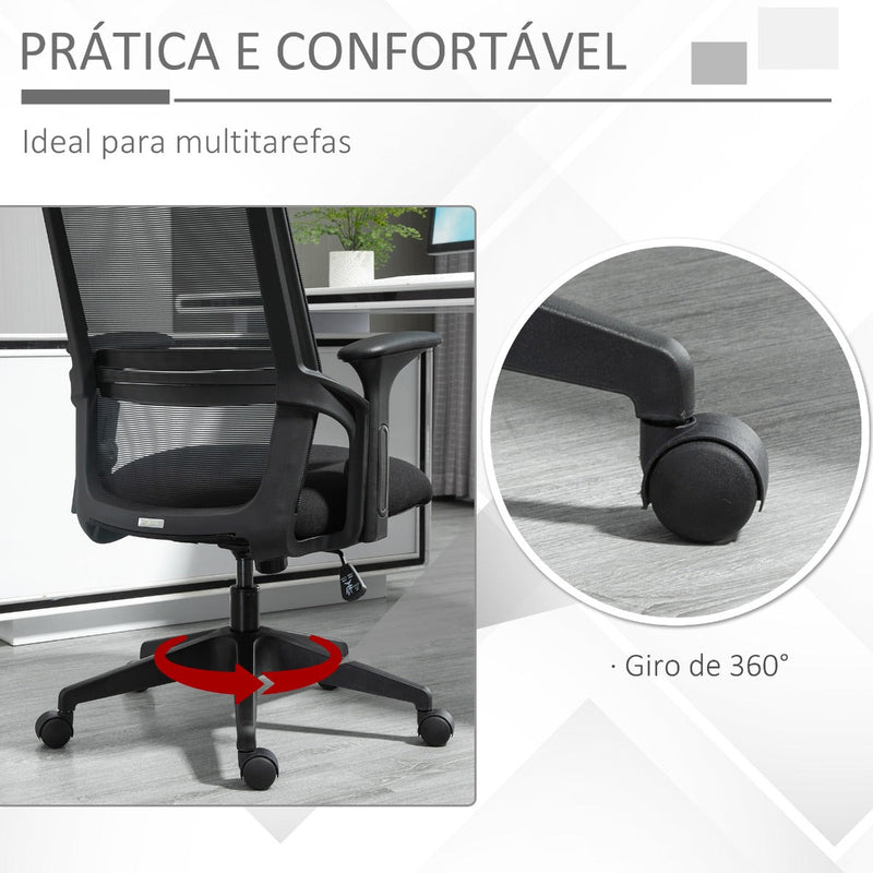 Cadeira de Escritório Ergonômica Giratória com Altura Ajustável Apoio para a Cabeça Suporte Lombar Reguláveis e Encosto Transpirável 63,5x64,5x113-122cm Preto