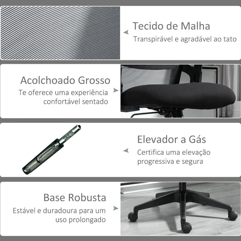 Cadeira de Escritório Ergonômica Giratória com Altura Ajustável Apoio para a Cabeça Suporte Lombar Reguláveis e Encosto Transpirável 63,5x64,5x113-122cm Preto