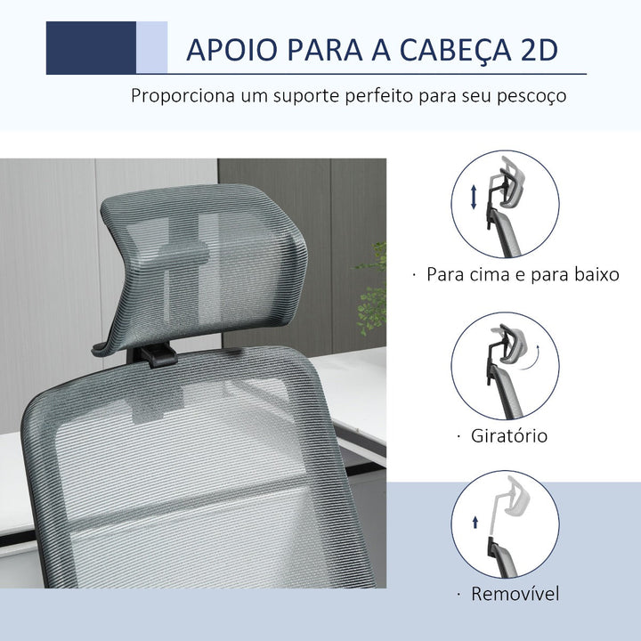 Cadeira de Escritório Ergonômica Giratória com Altura Ajustável Apoio para a Cabeça Apoio para os Braços e Suporte Lombar Reguláveis 63,5x63x116,5-125,5cm Azul e Cinza