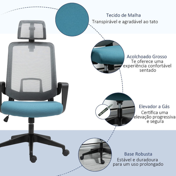 Cadeira de Escritório Ergonômica Giratória com Altura Ajustável Apoio para a Cabeça Apoio para os Braços e Suporte Lombar Reguláveis 63,5x63x116,5-125,5cm Azul e Cinza