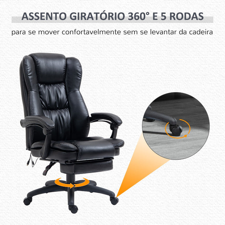 Cadeira de Escritório Giratória com Altura Ajustável 6 Pontos de Massagem Controle Remoto e Apoio para os Pés Retrátil 68,5x68,5x119-127cm Preto