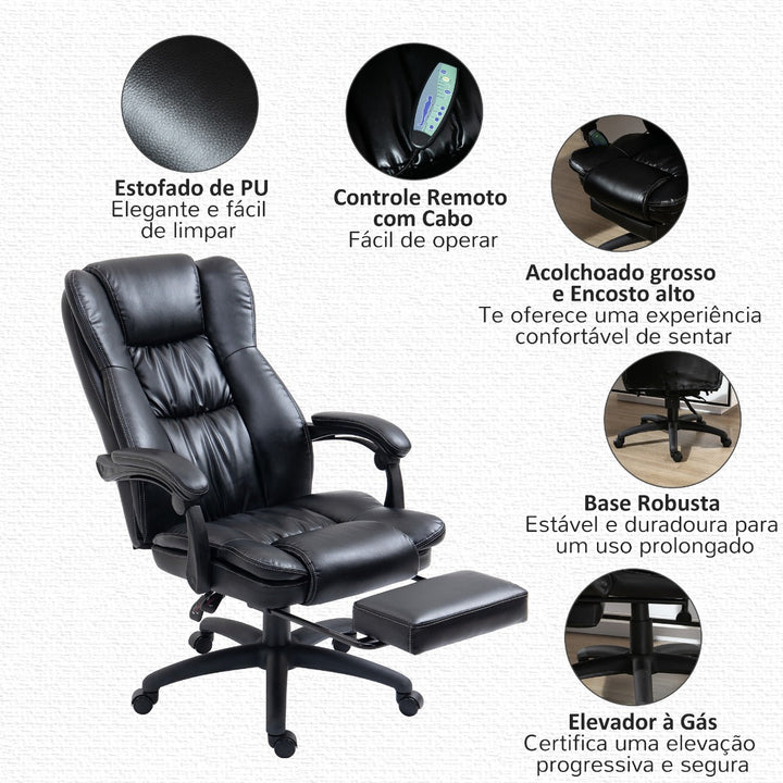 Cadeira de Escritório Giratória com Altura Ajustável 6 Pontos de Massagem Controle Remoto e Apoio para os Pés Retrátil 68,5x68,5x119-127cm Preto